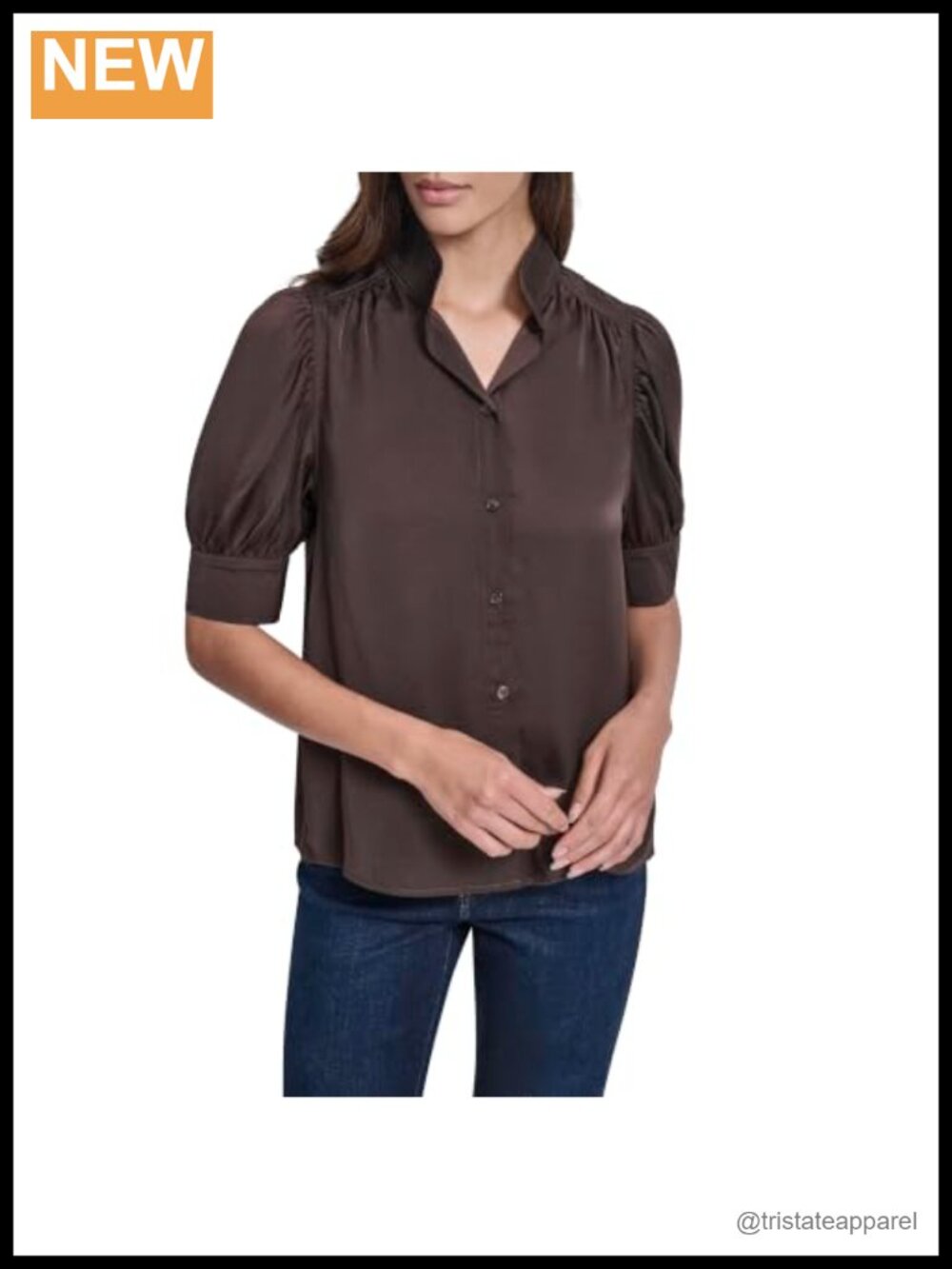 Satin Puff Sleeve Blouse Button Down Collar Work Shirt